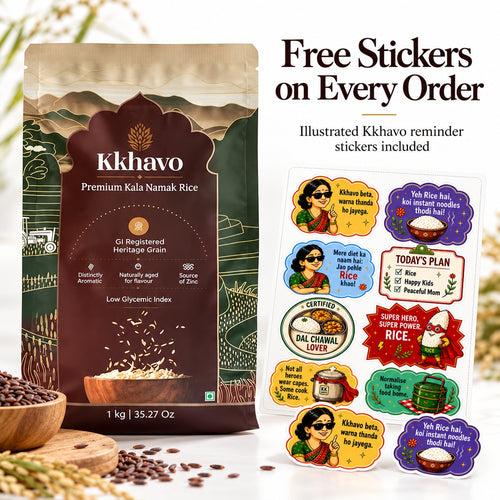 Kkhavo 1 kg Kala Namak rice with free illustrated sticker sheet included on every order