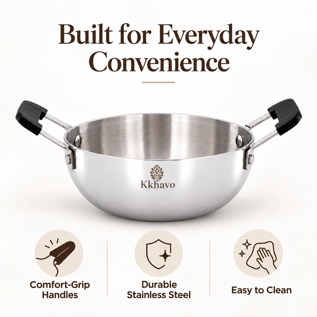 KKhavo Mini Kadai — Tri-Ply Stainless Steel, 14 cm, 600 ml — cookware included in rice combo