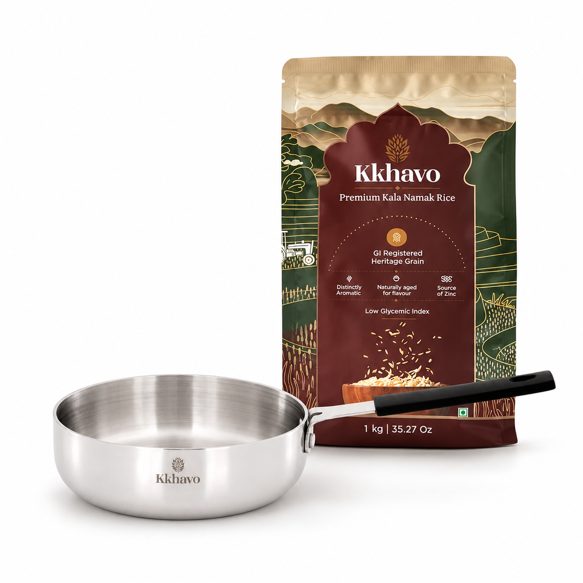 KKhavo Mini Fry Pan with 1 kg Kala Namak rice combo