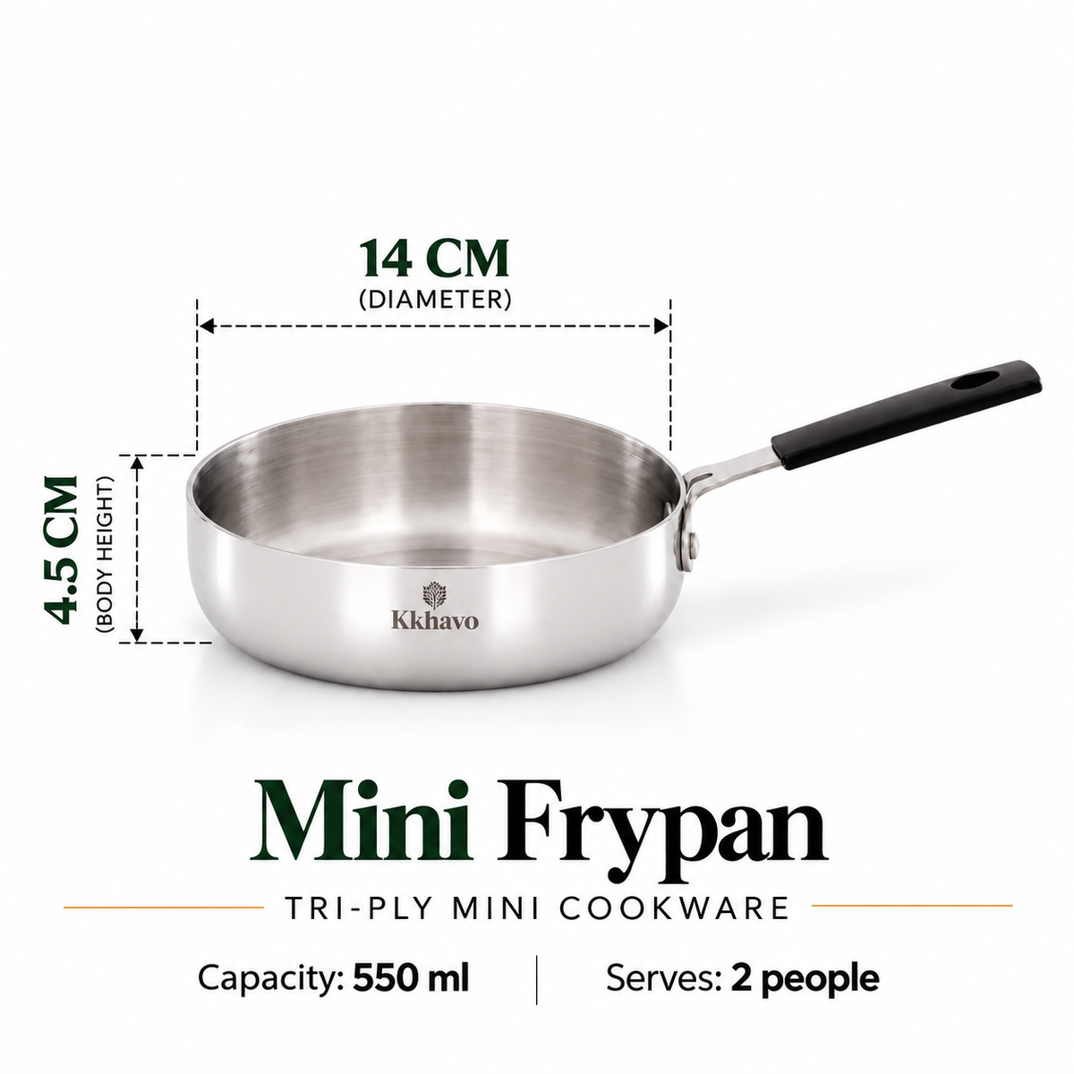 KKhavo Mini Fry Pan — Tri-Ply Stainless Steel, 14 cm, 550 ml — cookware included in rice combo