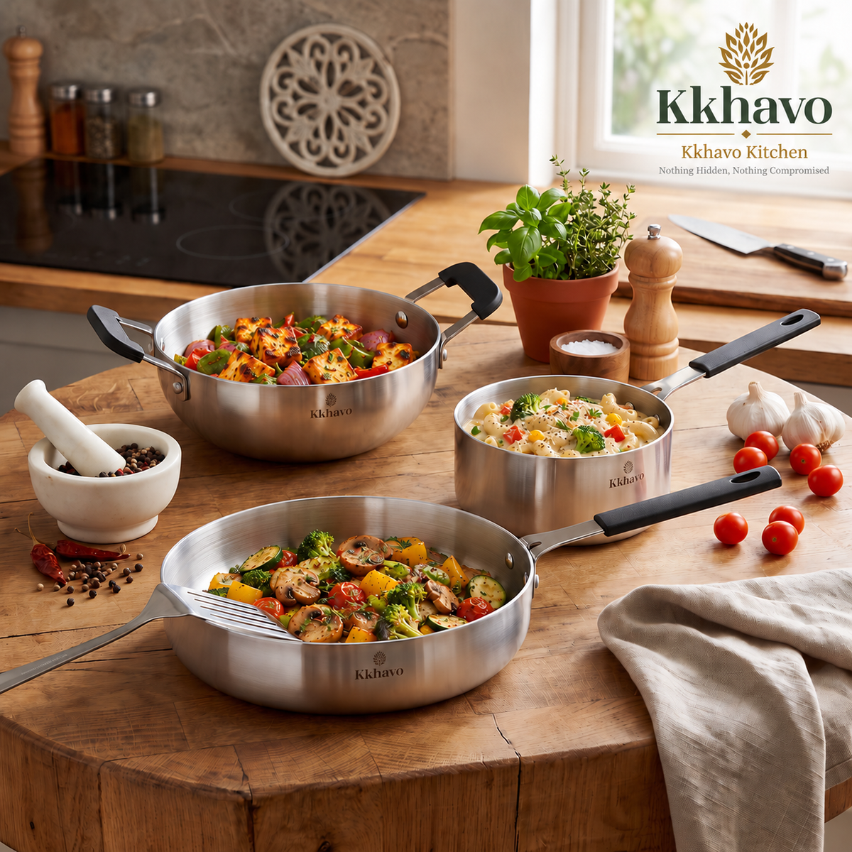 KKhavo Mini Kadai — Tri-Ply Stainless Steel, 14 cm, 600 ml — cookware included in rice combo