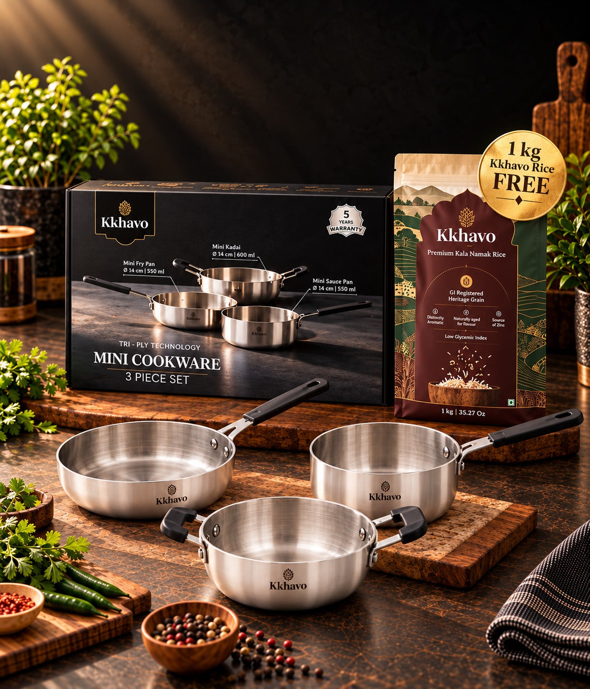 Kkhavo mini cookware displayed with food and packaging