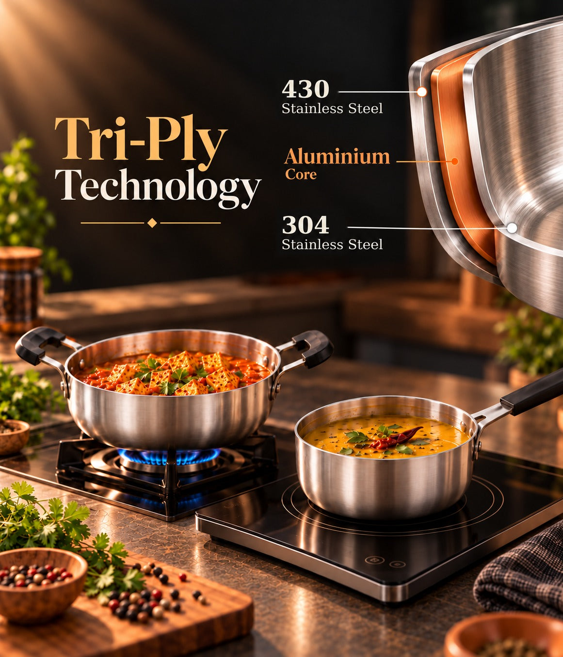 Tri-ply cookware showing 304 stainless steel inner layer, aluminium core and 430 stainless steel outer layer